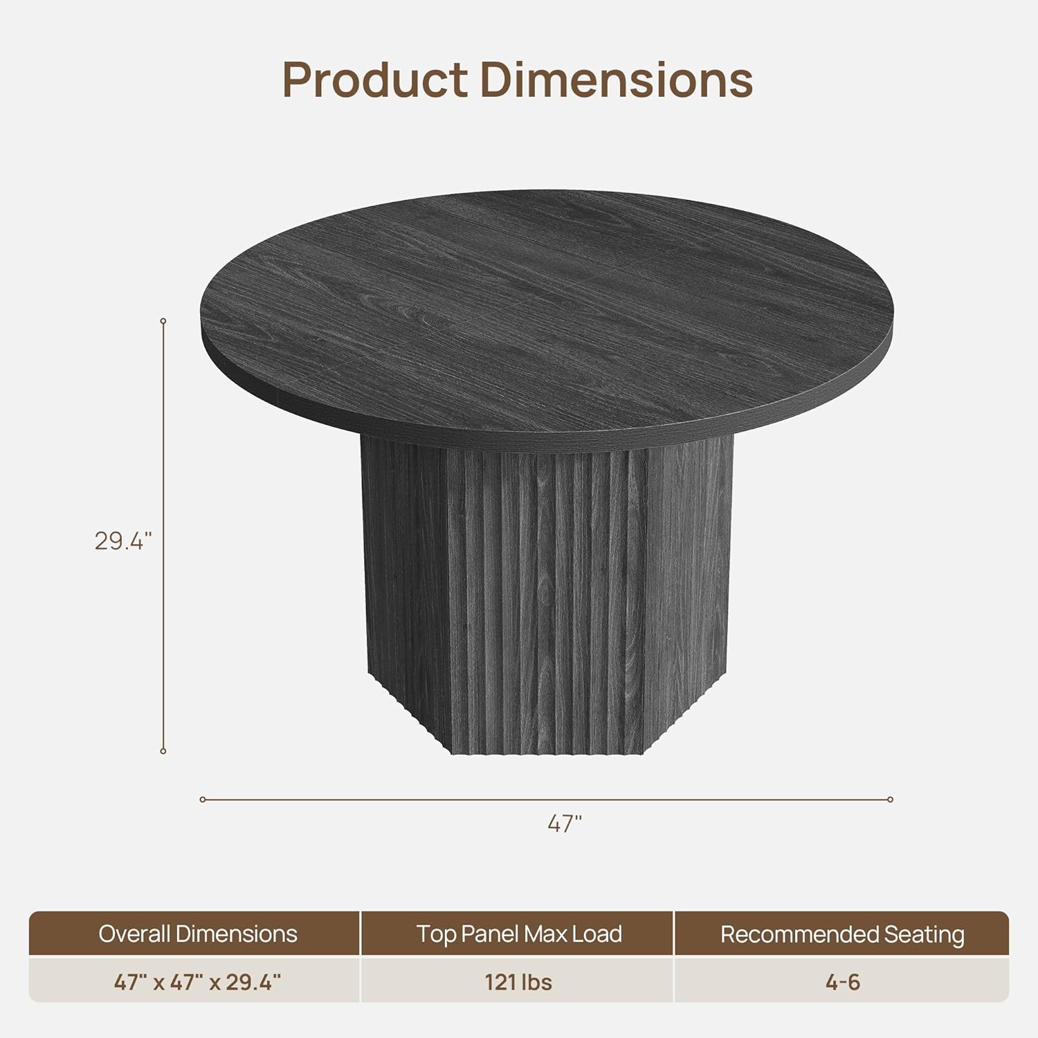 SICOTAS Round Dining Table for 4 6 People 47" Fluted Kitchen Dinner Table Modern Wooden Circle Dining Room Table with Sturdy Base for Dining Room Kitchen Living Room, Dark Grey Alder