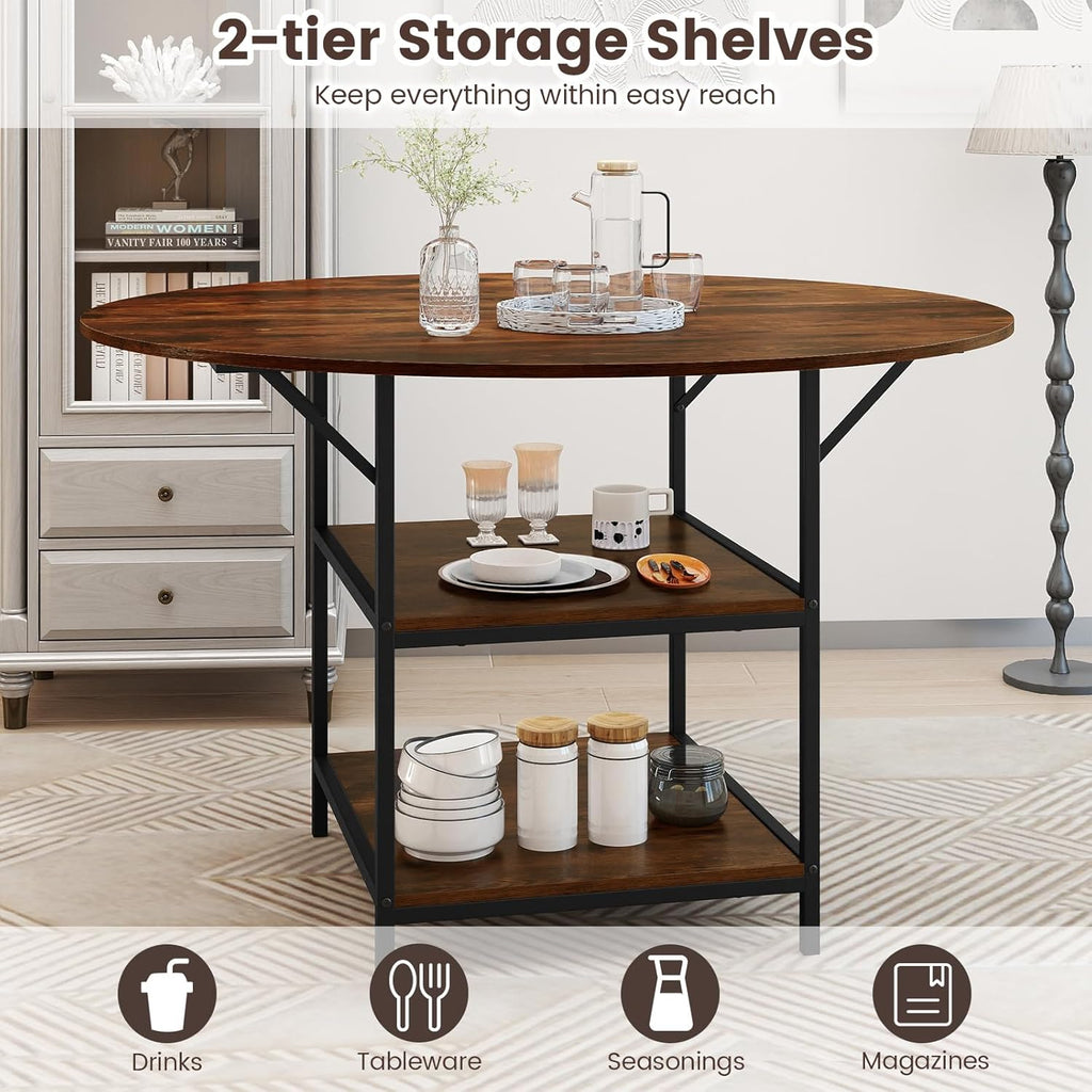 GOFLAME Round Dining Table for 4-6 People, 47” Kitchen Table with 2-Tier Storage Shelves and Heavy-Duty Metal Frame, Industrial Dinner Table for Kitchen, Dining Room, Apartment, Rustic Brown