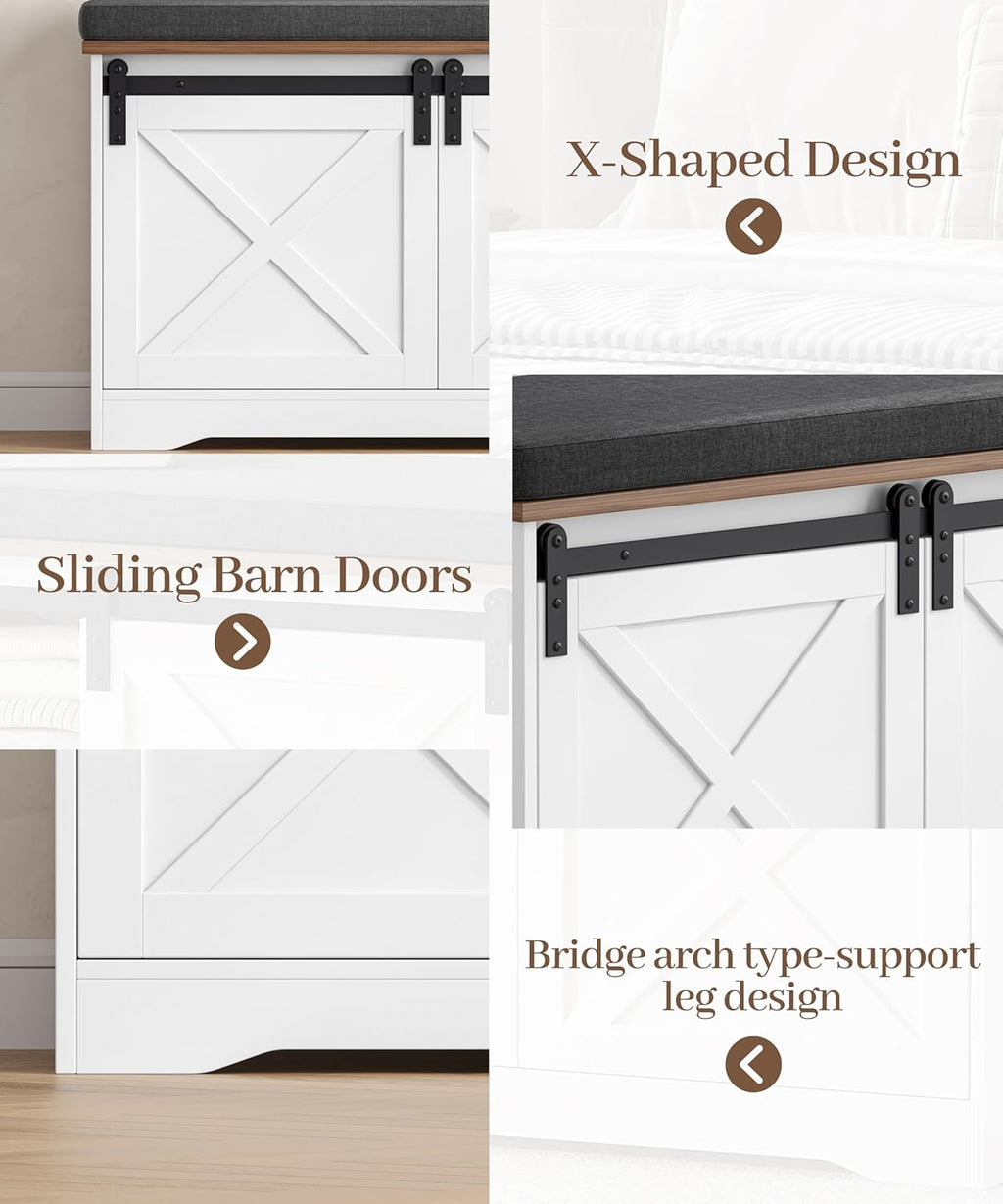 Farmhouse Storage Bench with Cushion, 47.2" Shoe Bench with Slide Barn Doors and Adjustable Shelves, Entryway Bench with Storage for Bedroom, Closet, Living Room, Hallway, White