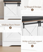 Farmhouse Storage Bench with Cushion, 47.2" Shoe Bench with Slide Barn Doors and Adjustable Shelves, Entryway Bench with Storage for Bedroom, Closet, Living Room, Hallway, White