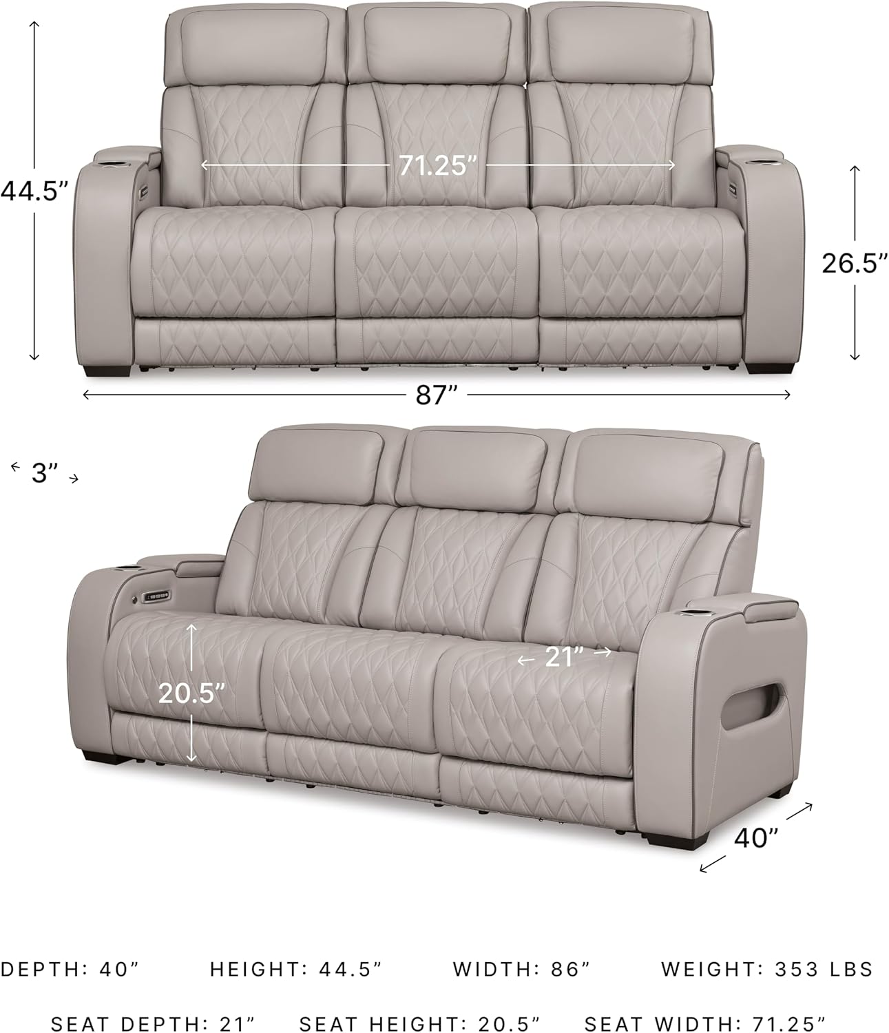 Signature Design by Ashley 3-Seat Power Reclining Sofa, Heat, Massage, Gray | Combination of leather and faux leather, Air massage, Heated seats, Drop-down table, Zero gravity, Boyington