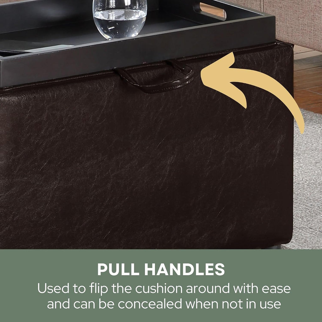Convenience Concepts Designs4Comfort Accent Storage Ottoman 22.75" - Modern Foot Stool with Decorative Tray for Living Room, Dining Room, Office, Den, Espresso Faux Leather