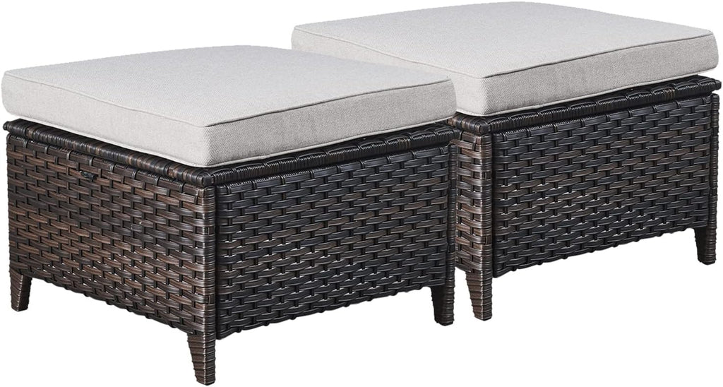 Rilyson Luxury Outdoor Wicker Patio Ottomans Set of 2, 250 lbs Capacity Rattan Large Ottomans for Patio Footrest Set 22.8in*22.8in*14in with 3.5in Thick Cushion (Brown/Beige)