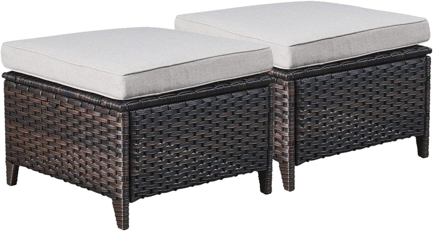 Rilyson Luxury Outdoor Wicker Patio Ottomans Set of 2, 250 lbs Capacity Rattan Large Ottomans for Patio Footrest Set 22.8in*22.8in*14in with 3.5in Thick Cushion (Brown/Beige)