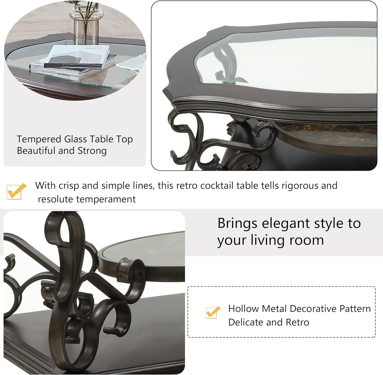 Henf 3 Piece Living Room Table Set, Retro Brown Coffee Table with 2 End Table, Coffee Table Set with Glass Top and Metal Frame for Home Office