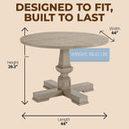 ROME + OAK Rumson Modern Dining Table, 44-Inch Round Tabletop with Sturdy Pedestal Base, Rustic Beige - Natural Wood Furniture Piece for Homes