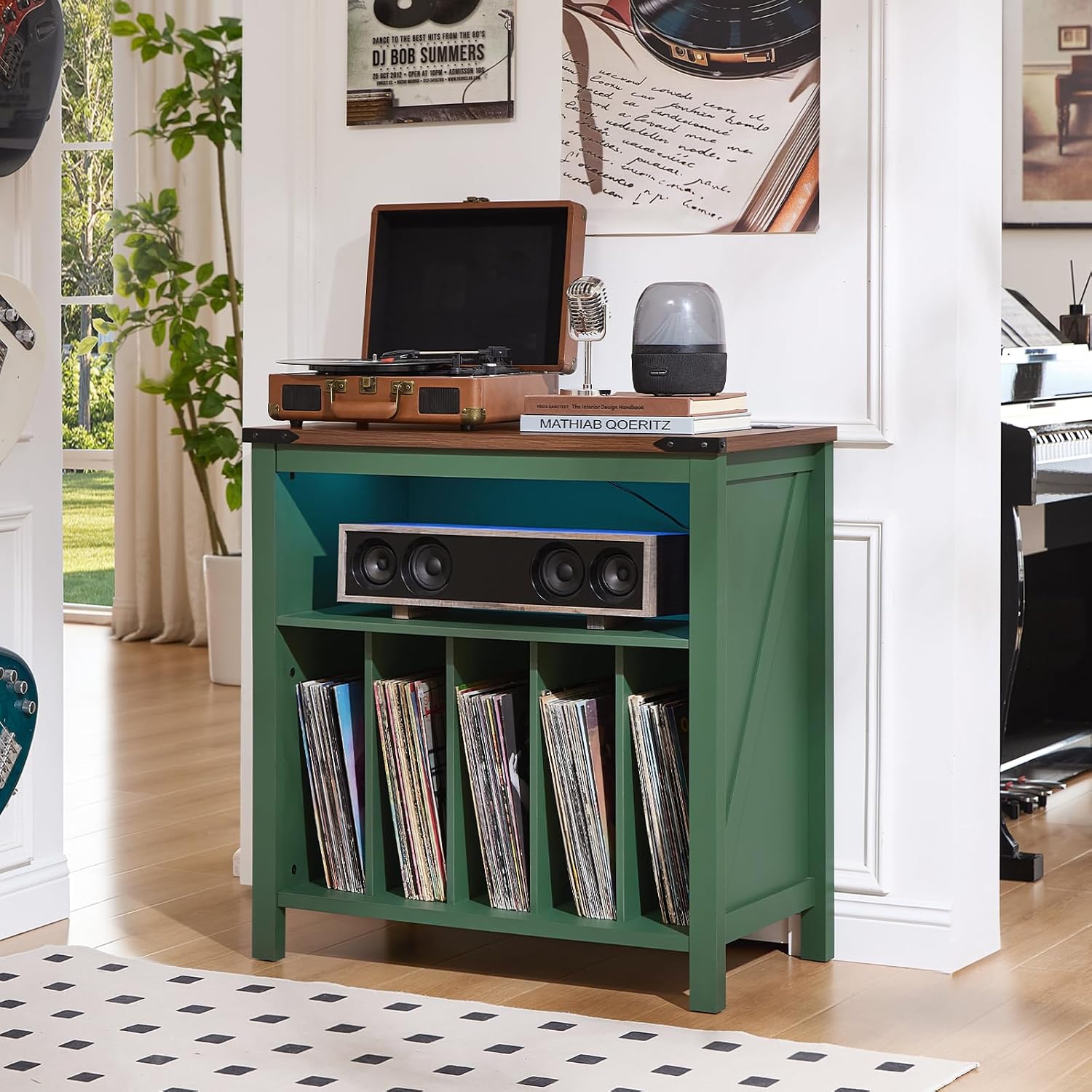 Joaxswe Large Record Player Table with Charging Station & LED Lights, Green Vinyl Record Storage Cabinet Holds up to 230 Albums, Turntable Stand with Display Shelf for Music Room Bedroom Living Room