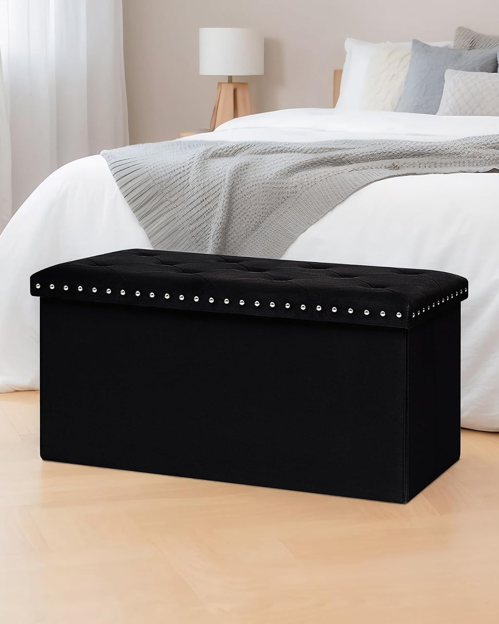 B FSOBEIIALEO Storage Ottoman Bench, 30" Velvet Ottoman with Storage, Black | Storage Chest, Luxury Tufted Foldable Long Storage Bench for Bedroom , Living Room, Entryway, End of bed