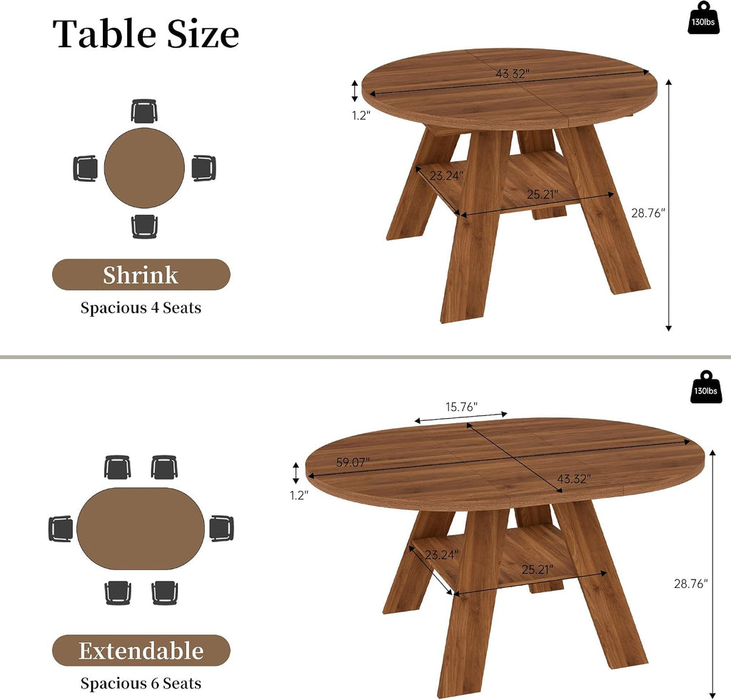 HIPIHOM 43"-59" Extendable Round Dining Table for 4-6, Walnut | Oval Kitchen Table for 4-6, Removable leaf & Storage Shelf, Space-saving for Kitchen, Living Room