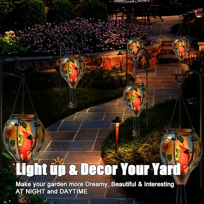 Hot Air Balloon Solar Lantern - Large Cardinal Bird Glass Lantern, Simulated Flickering & Dancing Flame, Big Outdoor Hanging Sunflower Yard Light Waterproof IP65 for Patio Lawn Porch Decor Gift