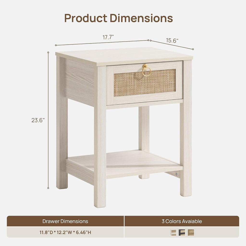 SICOTAS White Rattan Nightstand Set of 2 with Storage Shelf, Bedside Tables | Night Stand Set of 2 with Rattan Drawer, Boho End Tables with Storage for Bedroom, Guest Room, Apartment, and Small Spaces