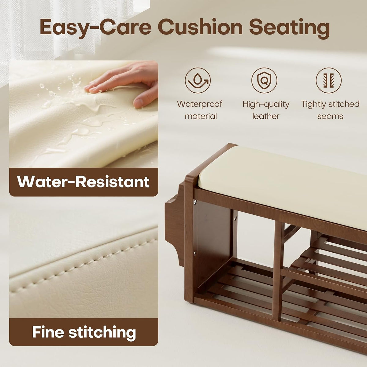 Solid Wood Shoe Bench with Leather Cushion, Shoe Storage Organizer with Side Holder, Shoe Rack Bench for Entryway, Hallway, Living Room, Mudroom, Holds Up to 550lb (Walnut, 39.4"W*12.6"D*18.9"H)