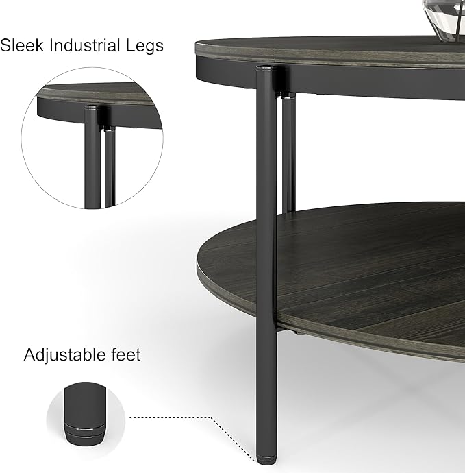 Manora Round Coffee Table with Storage Shelf, Rustic Wood Center Table with Black Metal Frame, Modern Circle Living Room Table for Small Spaces (Gray)