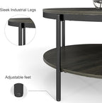 Manora Round Coffee Table with Storage Shelf, Rustic Wood Center Table with Black Metal Frame, Modern Circle Living Room Table for Small Spaces (Gray)