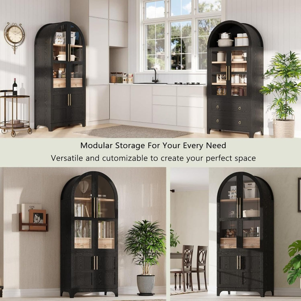 Hassyee Arched Kitchen Pantry Cabinet with Door Shelves, Farmhouse Kitchen Storage Cabinet with Open & Adjustable Shelves, Hidden Drawer & Glass Door, Cupboard for Kitchen, Dining Room (Black)