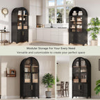Hassyee Arched Kitchen Pantry Cabinet with Door Shelves, Farmhouse Kitchen Storage Cabinet with Open & Adjustable Shelves, Hidden Drawer & Glass Door, Cupboard for Kitchen, Dining Room (Black)
