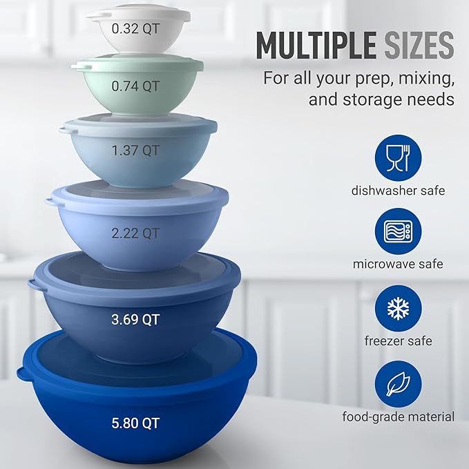Zulay Kitchen 12 Piece Plastic Mixing Bowls with Leak-Proof Lids Set - Microwave and Freezer Safe Kitchen Mixing Bowls for Preparing, Serving and Storing - Large Nesting Bowls (Blue Ombre)