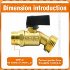 garden hose bibb, npt 1/2 thread inlet 1 inch O.D. thread outlet outdoor spigot, brass shut off valve for water pipe draining rain barrel bucket ibc tank. (2 pcs)