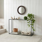 DDK Narrow Console Table 47 Inch, Thin Sofa Side Table with Glass Top & Metal Frame, Entryway Table with Open Storage for Hallway Living Room, Modern Slim Console Table for Small Spaces
