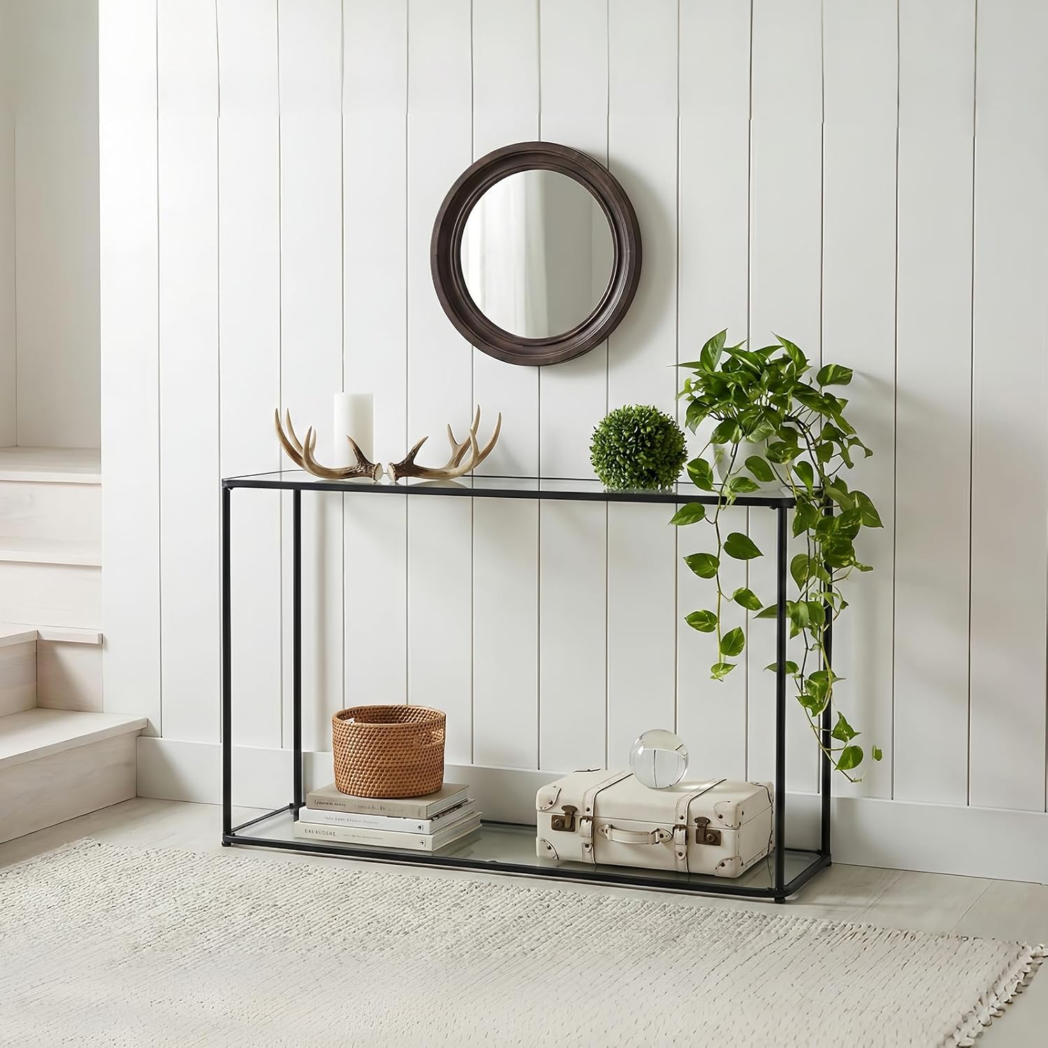 DDK Narrow Console Table 47 Inch, Thin Sofa Side Table with Glass Top & Metal Frame, Entryway Table with Open Storage for Hallway Living Room, Modern Slim Console Table for Small Spaces