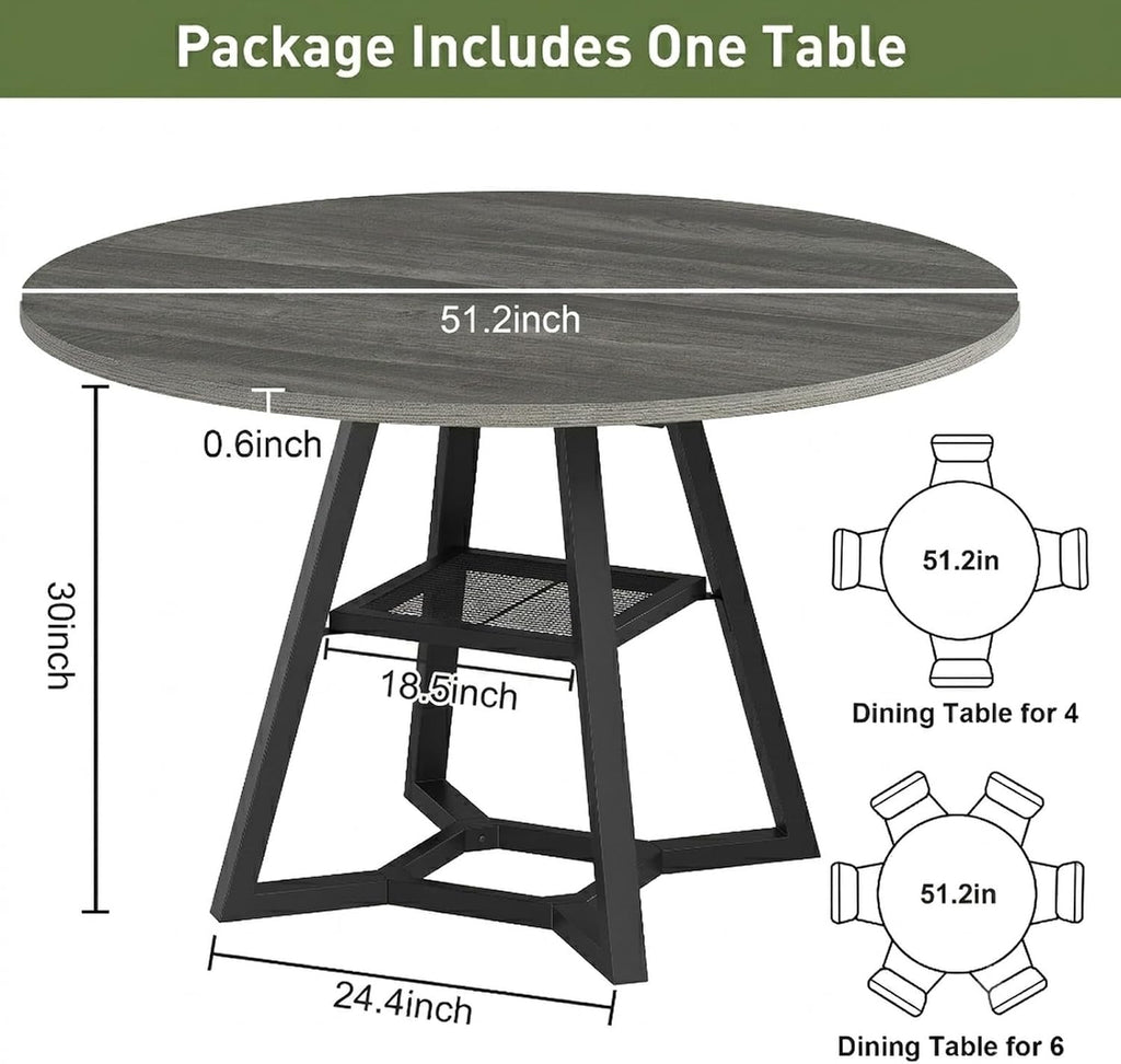 knoworld 51" Round Dining Table for 4-6, Kitchen Table with Storage Shelf, Heavy Duty Circle Pedestal Table for Small Spaces, Farmhouse Wood Dinner Table,Grey