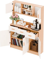 Talent Star Pantry Cabinets for Kitchen Storage, Freestanding Hutch Cabinet with Buffet Cupboard, Utility Pantry with Microwave Stand, Household Wall Tall Sideboard with 3 Drawers Wooden Color