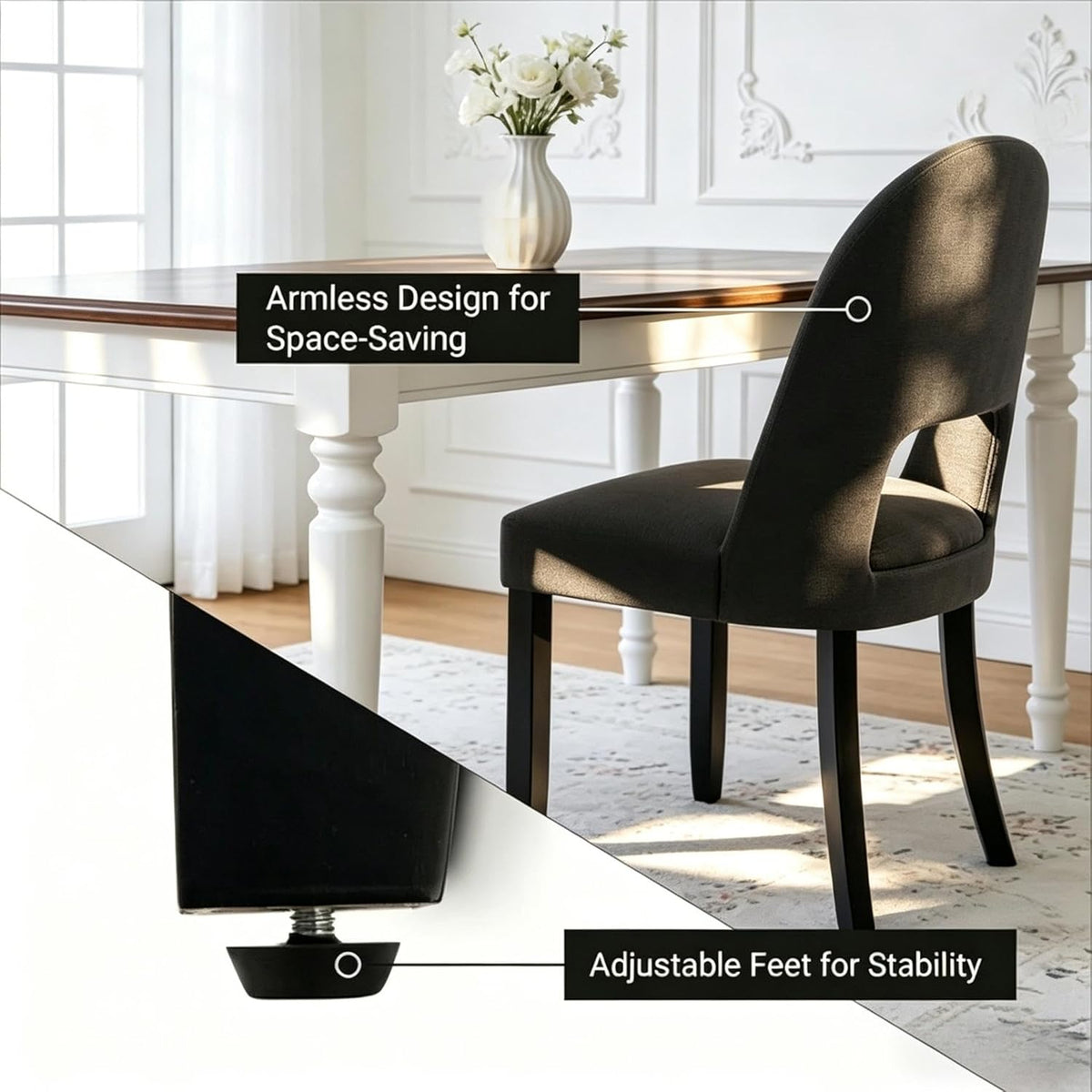 Wooden Dining Chairs Set of 4, Upholstered Kitchen Chairs with Linen Fabric Back & Solid Wood Legs, Modern Farmhouse Dining Room Chairs, Black