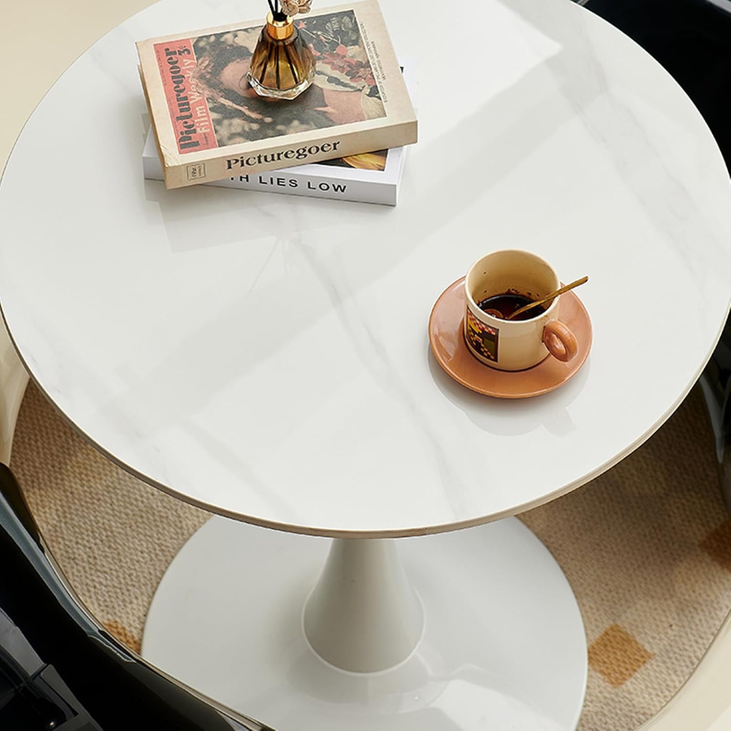 Round Metal Side Table - Modern Slate Coffee Table, Decorative Accent End Table for Living Room, Bedroom, Patio - Small Circle Side Table with Sturdy Base, A