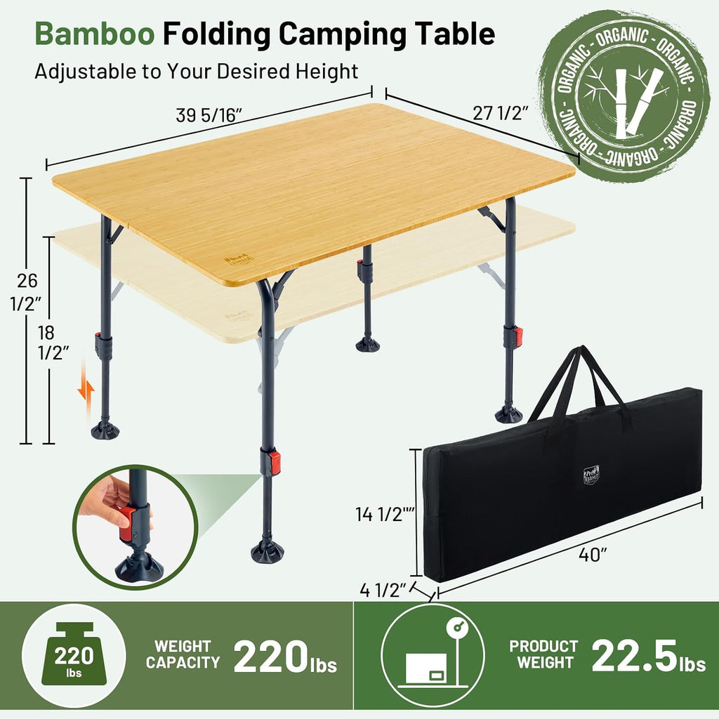 TIMBER RIDGE Bamboo Folding Camping Table, Portable RV Picnic Table | Adjustable Height (18.5"-26.5") & Aluminum Frame, Heavy Duty 220LBS Outdoor Dining for Tailgate Patio, Carry Bag Included