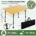 TIMBER RIDGE Bamboo Folding Camping Table, Portable RV Picnic Table | Adjustable Height (18.5"-26.5") & Aluminum Frame, Heavy Duty 220LBS Outdoor Dining for Tailgate Patio, Carry Bag Included