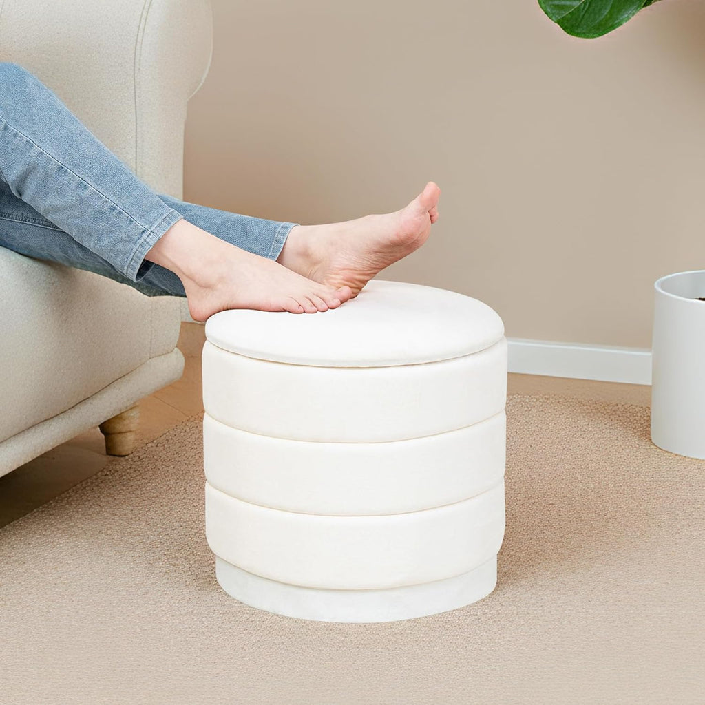 15.4" Round Velvet Storage Ottoman with Reversible Lid, Upholstered Circular Ottoman Footrest with Hidden Storage, Foldable Padded Footstool for Dorm Living Room & Bedroom, White