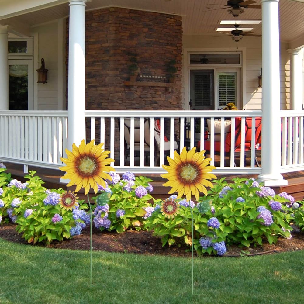 hogardeck Metal Sunflowers Decorative Garden Stakes, 2 Pack 33" Outdoor Garden Decor with Shaking Head Sunflowers Ornament Yard Stakes, Spring Yard Art Fairy Decorations for Patio Lawn