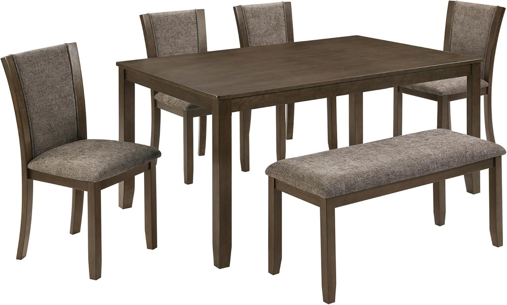 JIJIWANG 6-Piece Dining Table Set with Bench and Chairs, Wooden Dining Table for 6 People, Farmhouse Rustic Style 6 Person Dining Table Set for Dining Room Kitchen Dark Walnut
