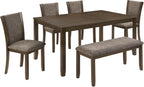 JIJIWANG 6-Piece Dining Table Set with Bench and Chairs, Wooden Dining Table for 6 People, Farmhouse Rustic Style 6 Person Dining Table Set for Dining Room Kitchen Dark Walnut