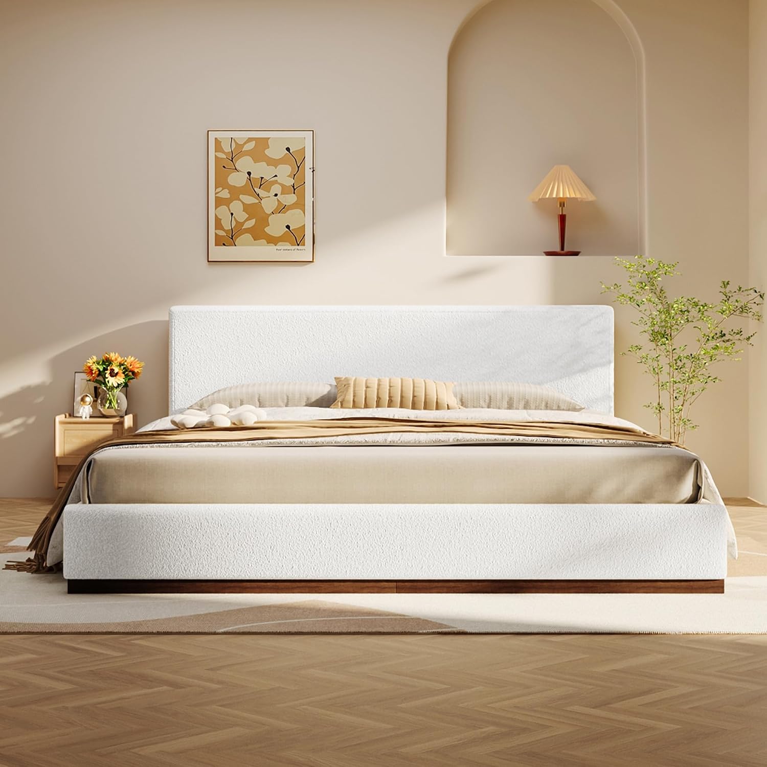 Christopher Knight Home Bettine Modern Boucle Queen Size Bed Frame with Headboard, Solid Wood Queen Bed Frame, Slat Panel Support Platform Bed, No Spring Box Needed, Heavy Duty, White+Brown