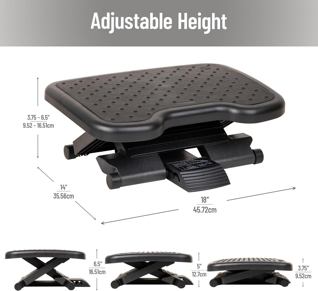 Mind Reader Adjustable Foot Rest with Elastomer Pad for Comfort and Support, Ergonomic Foot Platform, Height Adjustable, Black
