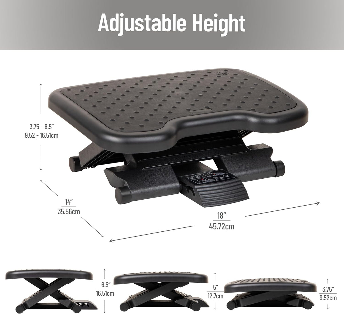 Mind Reader Adjustable Foot Rest with Elastomer Pad for Comfort and Support, Ergonomic Foot Platform, Height Adjustable, Black