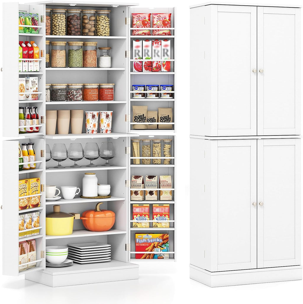 Byroce 65.5” Kitchen Pantry Cabinet, Storage Cabinet with 4 Doors & 8-Tier Shelves, Freestanding Kitchen Hutch Cupboard with Baffle, Tall Buffet Sideboard for Dining Room & Living Room (White)