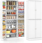 Byroce 65.5” Kitchen Pantry Cabinet, Storage Cabinet with 4 Doors & 8-Tier Shelves, Freestanding Kitchen Hutch Cupboard with Baffle, Tall Buffet Sideboard for Dining Room & Living Room (White)