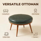 Green Round Ottoman Coffee Table, 24-Inch Faux Leather Cushioned Footstool with Solid Wood Bookshelf & Frame, Multifunctional Storage Ottoman for Living Room, Bedroom