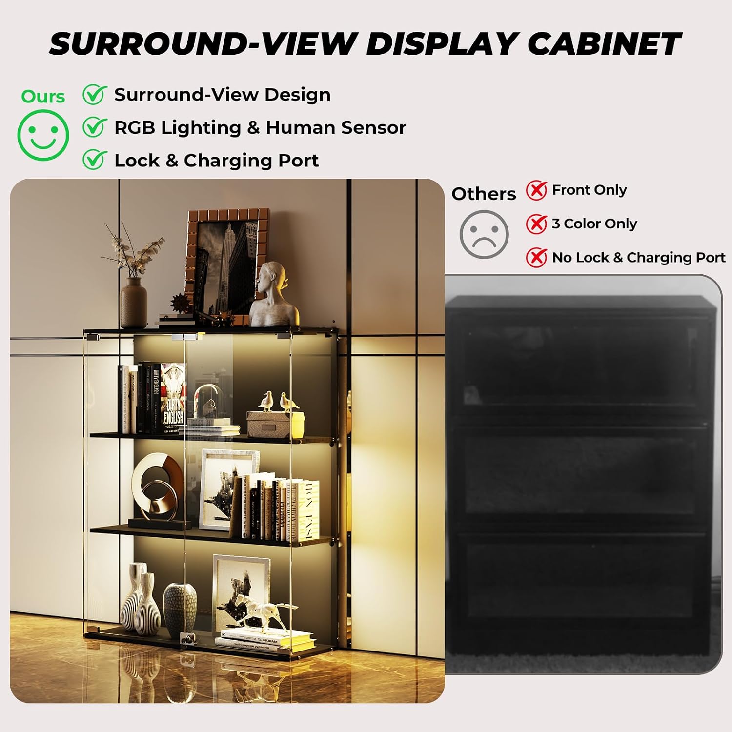 VersionTECH. Glass Display Cabinet with RGB LED Lights, Full-View Display, 3-Tier Display Case with Glass Doors for Collectibles, Cabinets with Lock, Human Sensor, Charging Station, Black