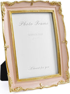 Cuspin Vintage Pink 5x7 Picture Frame, Pink and Gold 5 by 7 Antique Photo Frames, Ornate Textured Hand-Crafted Resin Frame with Glass Front for Tabletop Display, Retro Design Home Decor