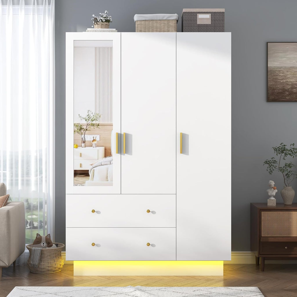 chartustriable 3 Doors Armoire Wardrobe Closet with Mirror, LED Armoire with Doors and Drawers, Wooden Wardrobe Storage Cabinet with Hanging Rod, Adjustable Shelves, White