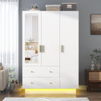 chartustriable 3 Doors Armoire Wardrobe Closet with Mirror, LED Armoire with Doors and Drawers, Wooden Wardrobe Storage Cabinet with Hanging Rod, Adjustable Shelves, White