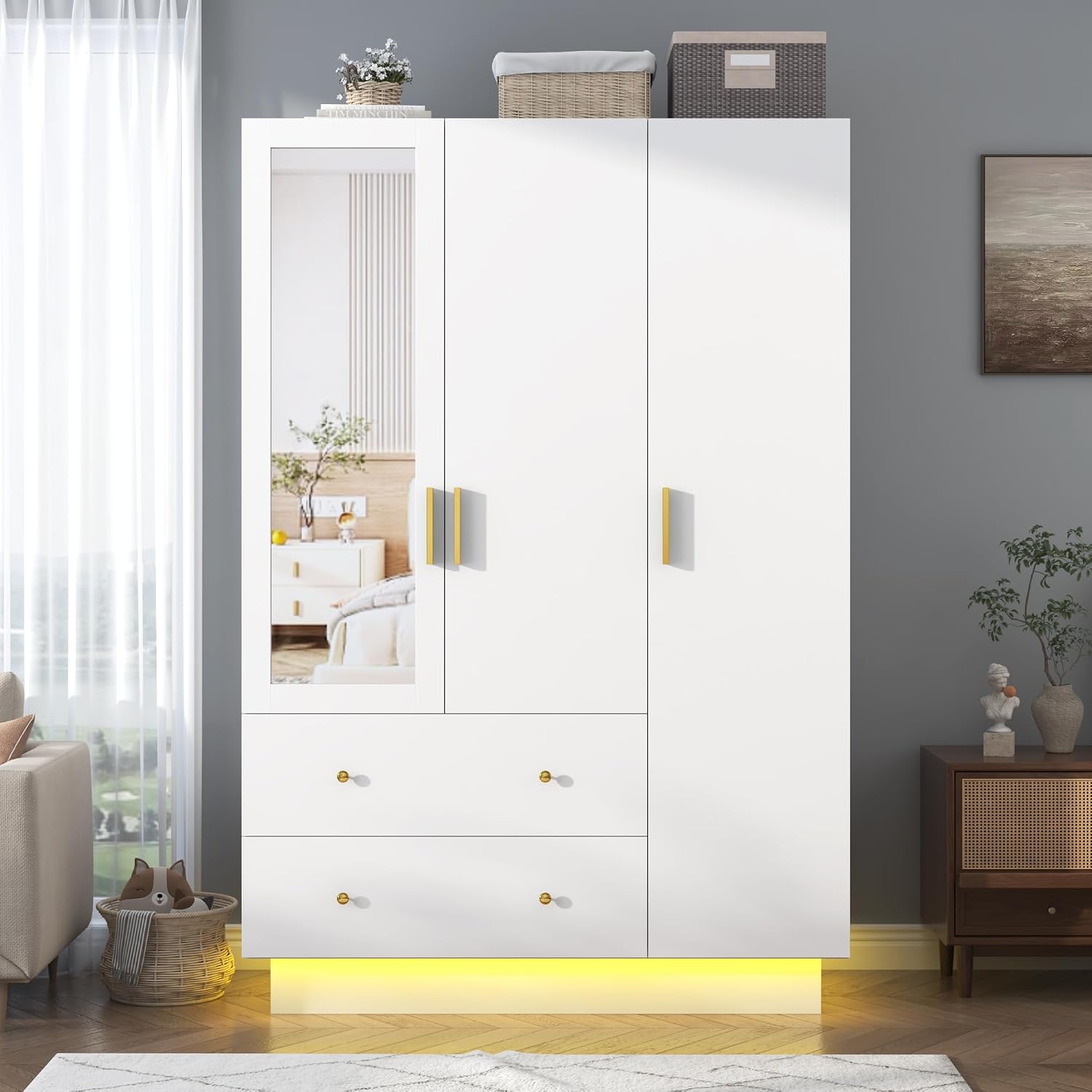 chartustriable 3 Doors Armoire Wardrobe Closet with Mirror, LED Armoire with Doors and Drawers, Wooden Wardrobe Storage Cabinet with Hanging Rod, Adjustable Shelves, White