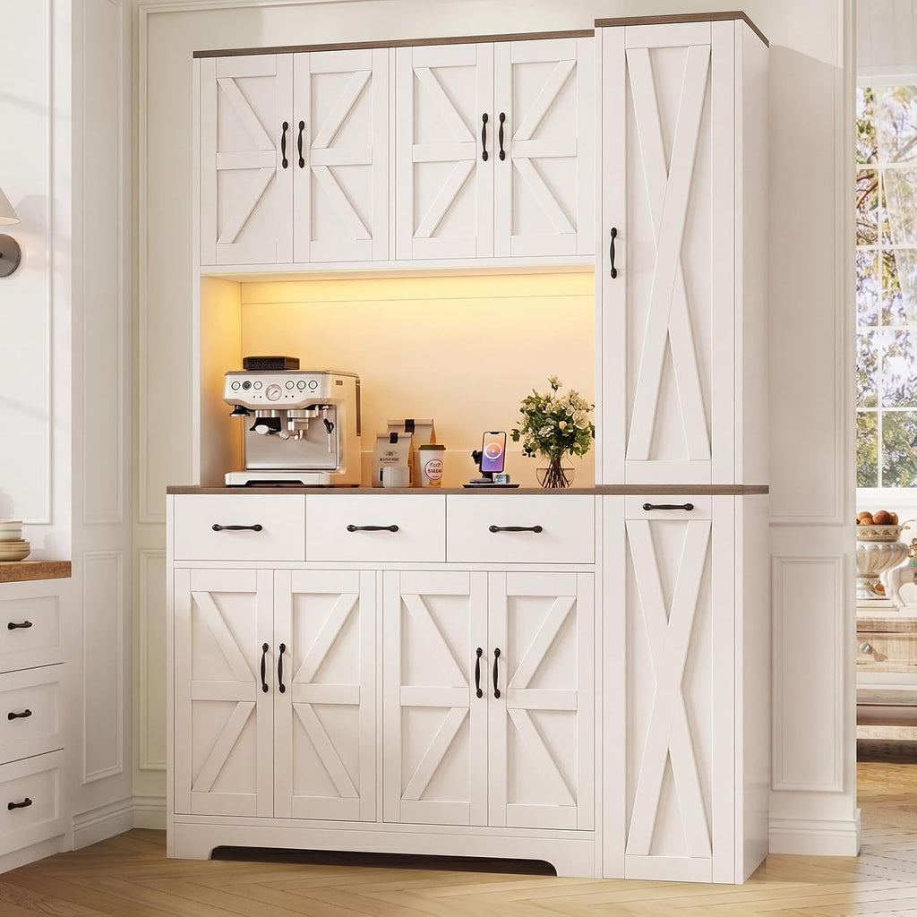70.9" Tall Farmhouse Pantry Cabinet with Pull-Out Storage Cart & LED Lights, Modern Kitchen Storage Hutch with Charging Station, 9 Doors 3 Drawers Adjustable Shelves for Dining Living Room, White