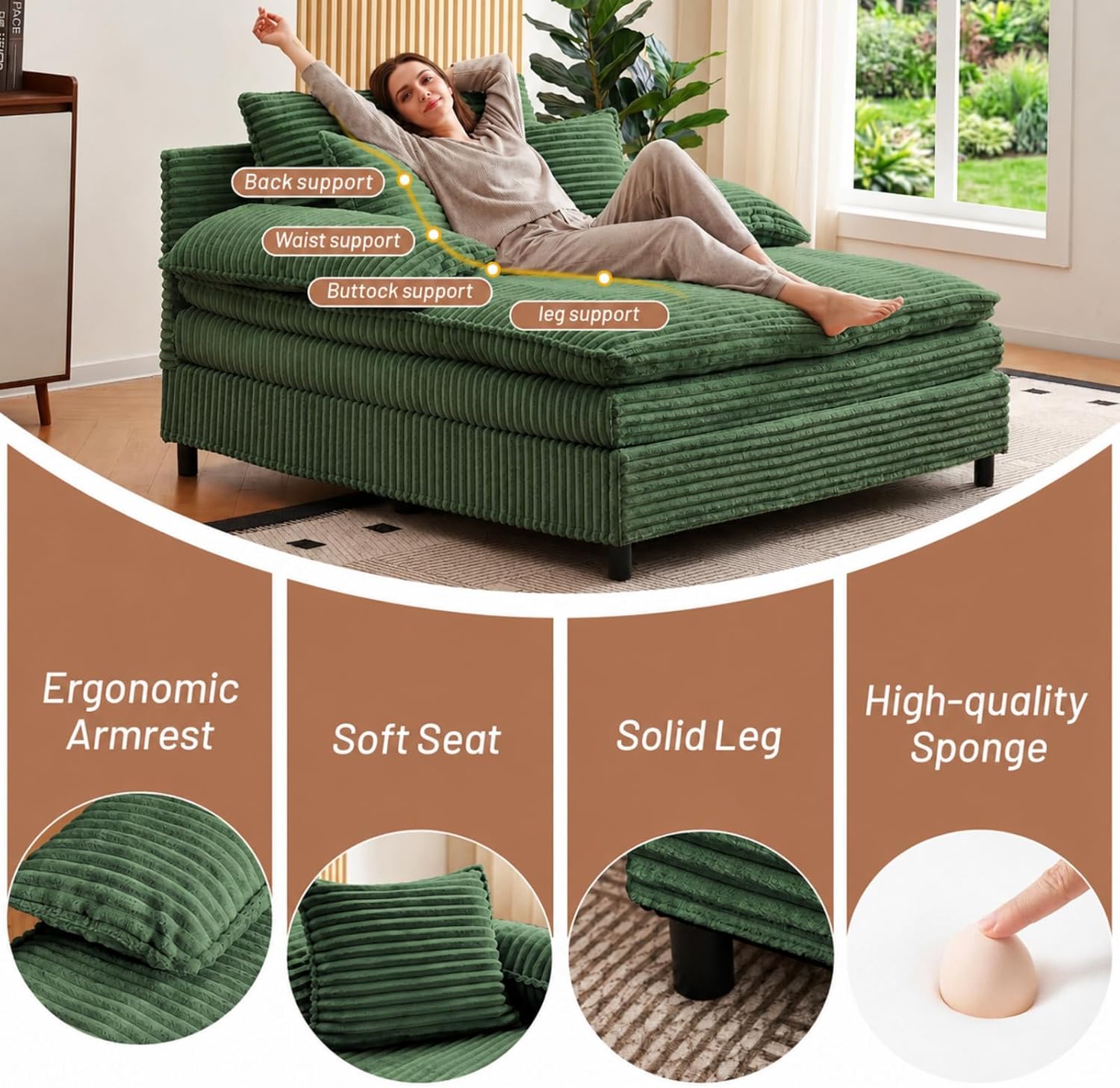 55" W Reclining Chaise Lounge Chair Indoor with 4-Gear Adjustable Backrest, Oversized Deep Seat Recliner with Comfy Pillows, Single Sleeper Sofa Bed, Cloud Couches for Living Room-Green