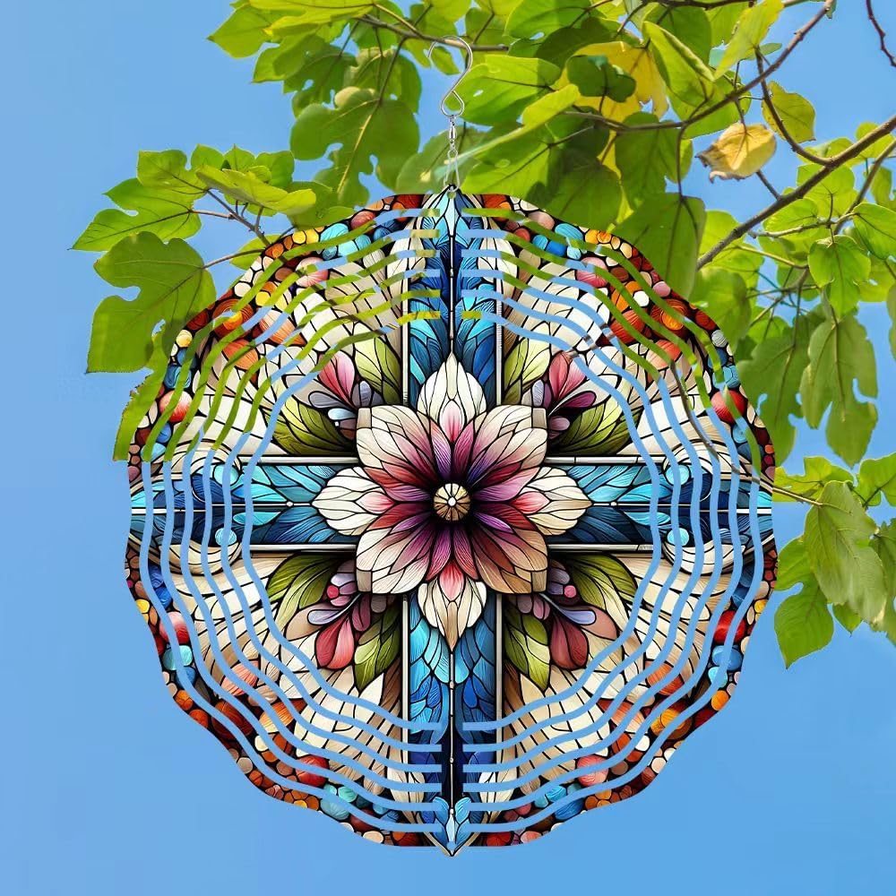 Cross Wind Spinner, Metal Wind Spinners Outdoor/Indoor, Cross Flower Hanging Garden Decor for Outside, Stainless Wind Spinners for Yard and Garden 10 inch 3D (25.76X25 CM)