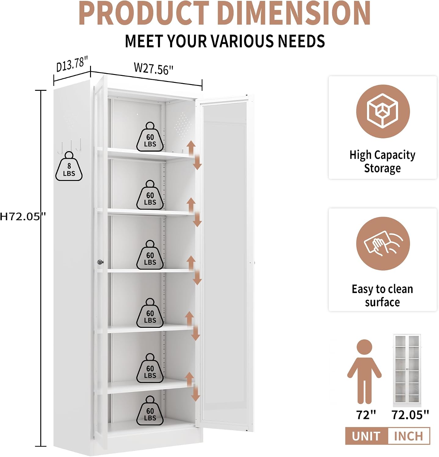 Metal Kitchen Pantry Cabinet, 72" Tall Storage with 5 Adjustable Shelves, White Freestanding Cabinet for Kitchen Pantry Bathroom, 14" Narrow Cabinet with Glass Door
