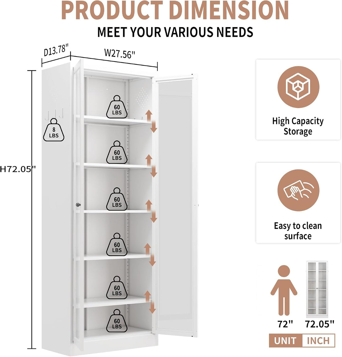 Metal Kitchen Pantry Cabinet – 72" Tall Storage with 5 Adjustable Shelves, White Freestanding Cabinet for Kitchen/Pantry/Bathroom – Heavy Duty Steel Frame, Glass Door